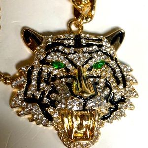 Striking Rhinestone & Enamel  Green Eyed TIGER Pendant Necklace w/ TEETH